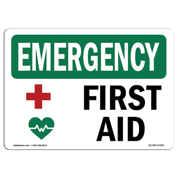Safety Sign, OSHA EMERGENCY, 3.5" Height, First Aid, Landscape, 10PK